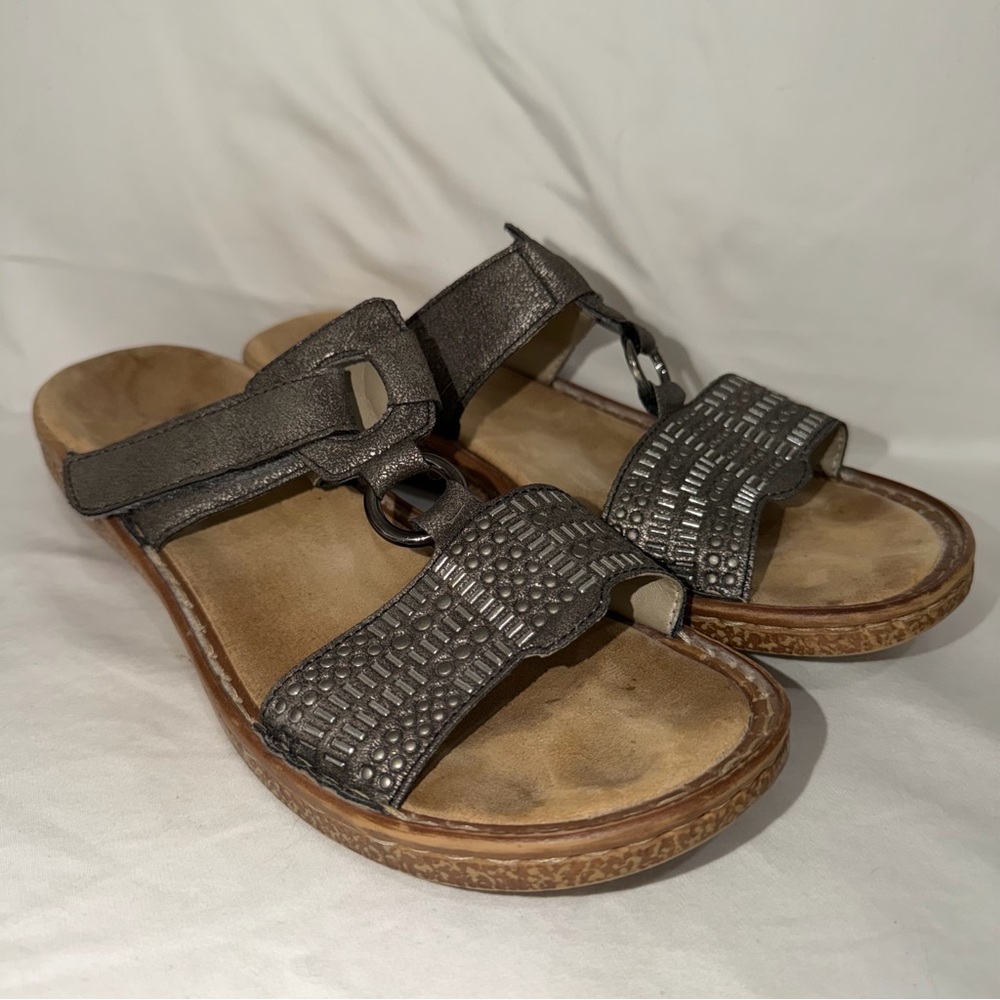 Rieker Metallic Charcoal Slide Sandals with Textured Straps size 40
